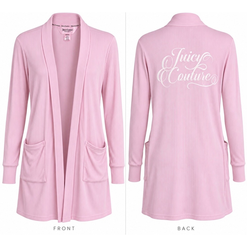 Juicy Couture Pink Ribbed Open Front Cardigan Logo Back Longline Pocketed Medium